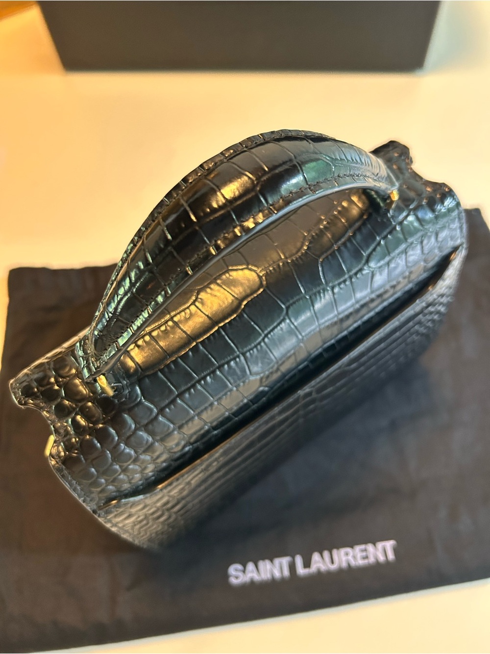 Saint Laurent Black Croc-Embossed Top Handle Satchel Mini Cassandra Purse - Picture 6 of 14